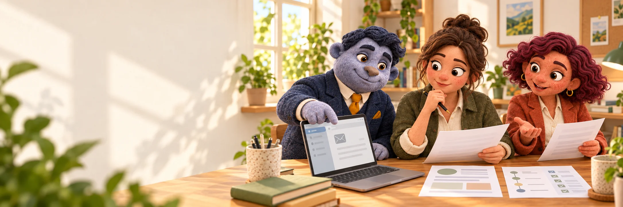 Illustration : Camille examine une proposition commerciale avec Hugo et Nora, près du mail client affiché sur un ordinateur.