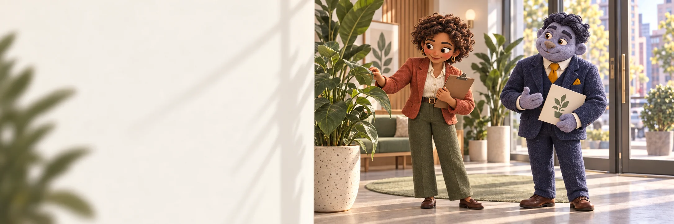 Nadia examine les plantes d’un petit bureau avec Hugo pour préparer sa première offre.