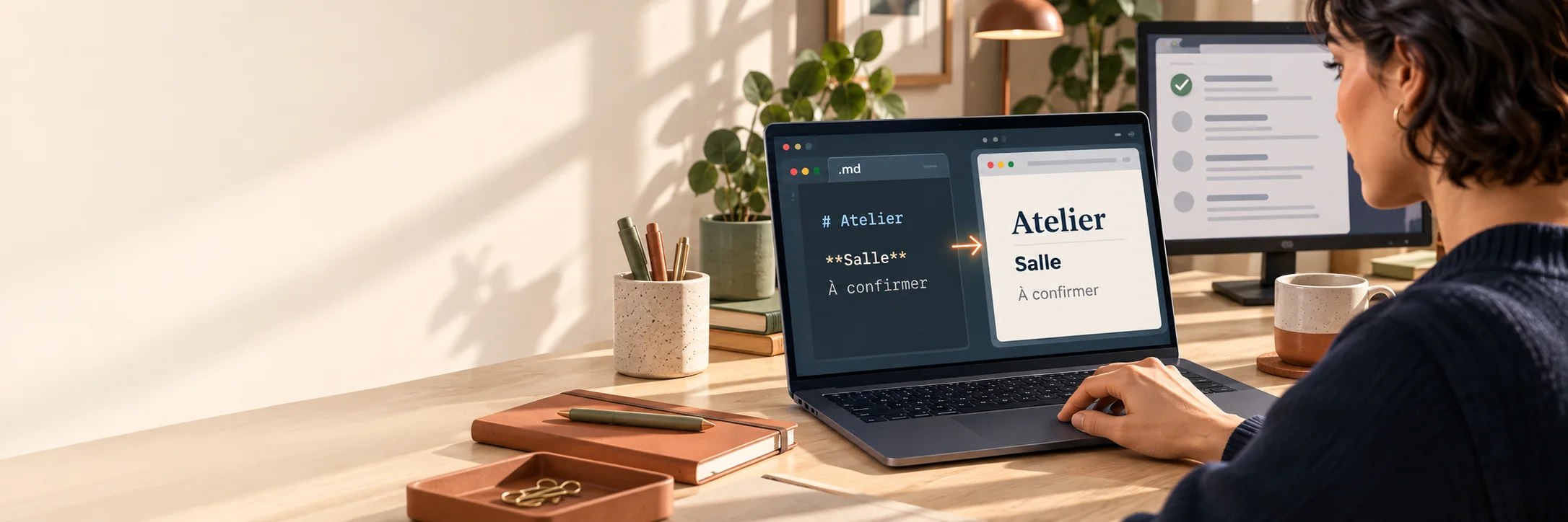 Un écran montre le texte Markdown et le rendu du même titre, du même mot en gras et de la salle à confirmer. Illustration.