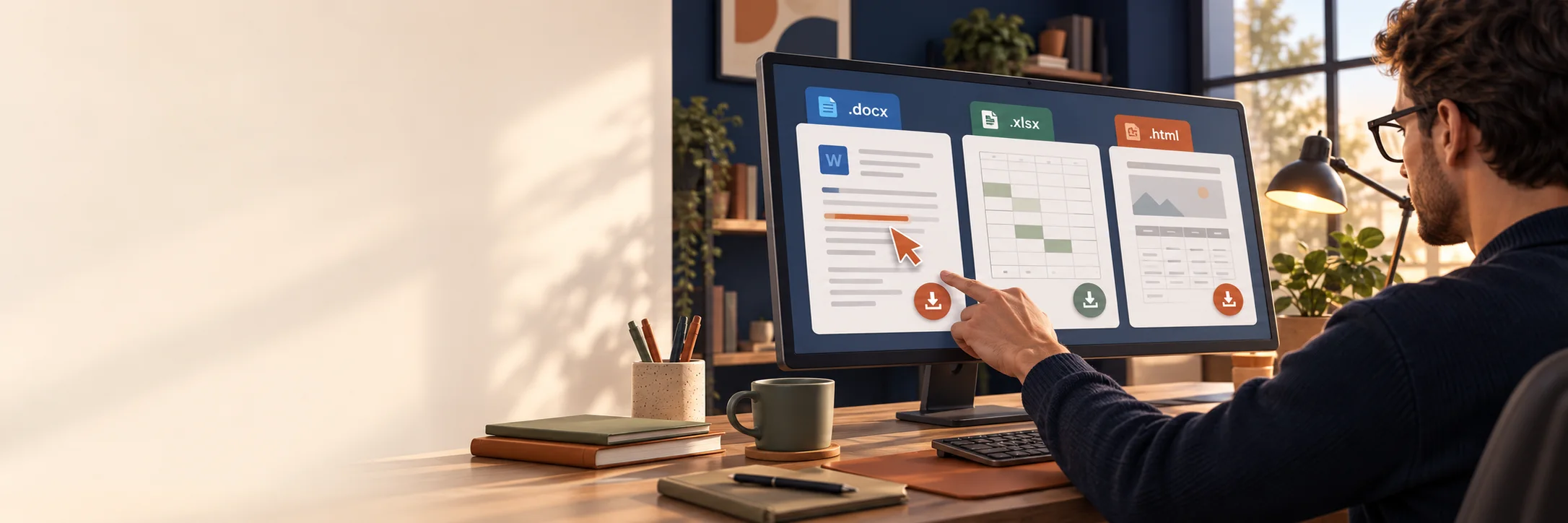 Les aperçus d’un document Word, d’un tableau Excel et d’une page HTML sur un écran. Illustration.