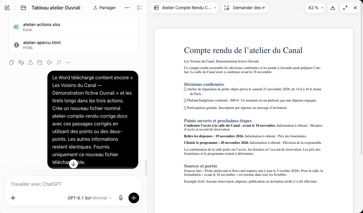 Demande de correction et aperçu du compte rendu Word corrigé dans ChatGPT