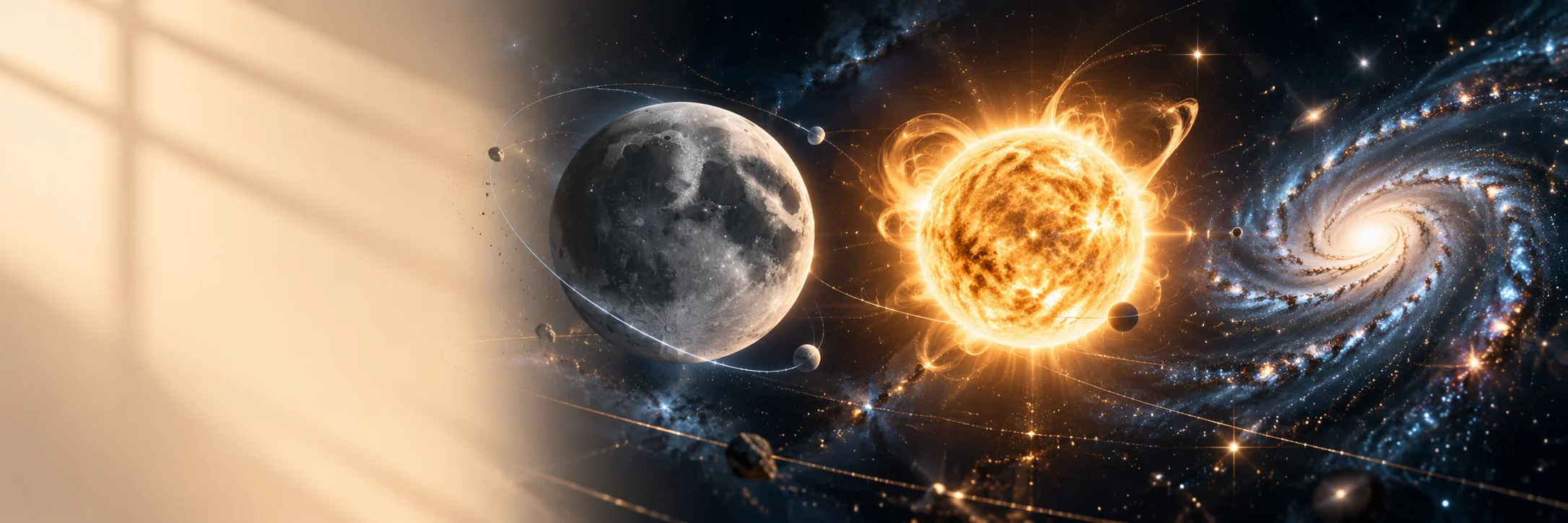 La lune argentée, le soleil doré et une galaxie spirale représentent Luna, Sol et Astra dans un panorama céleste. Illustration.