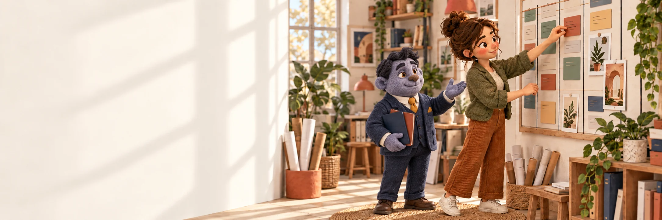 Camille déplace une priorité sur un tableau mural, tandis qu’Hugo tient les dossiers de la semaine.