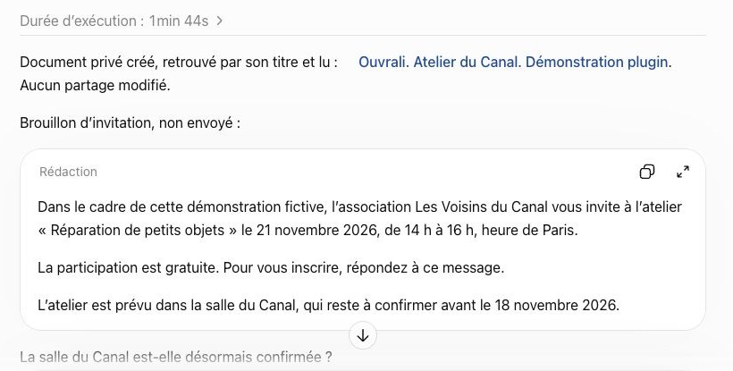 ChatGPT cite le document Google Drive et rédige une invitation avec la salle à confirmer