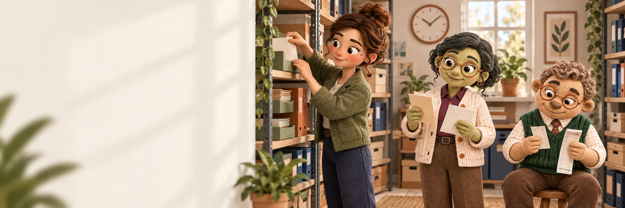 Camille classe les pièces dans une étagère, Alice organise les enveloppes et Oscar compare des justificatifs.