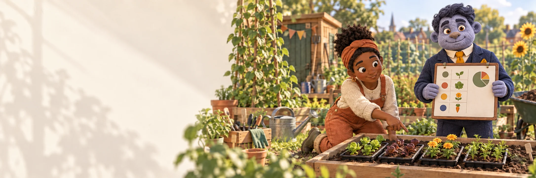 Samira prépare des semis dans un jardin collectif, accompagnée d’Hugo et d’une fiche de projet.