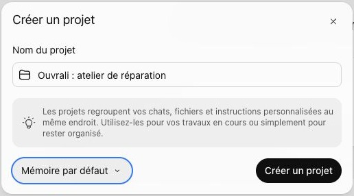 Formulaire de création du projet Ouvrali : atelier de réparation
