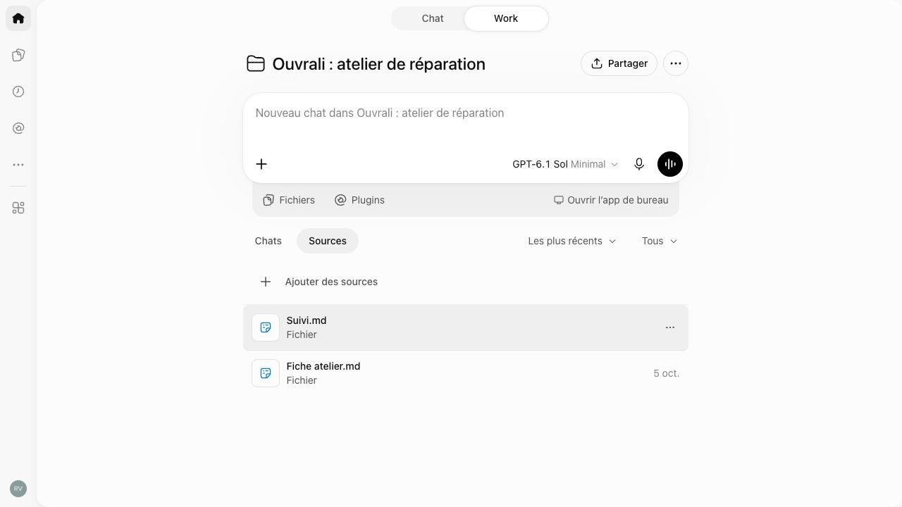 Onglet Sources du projet avec Fiche atelier.md et Suivi.md