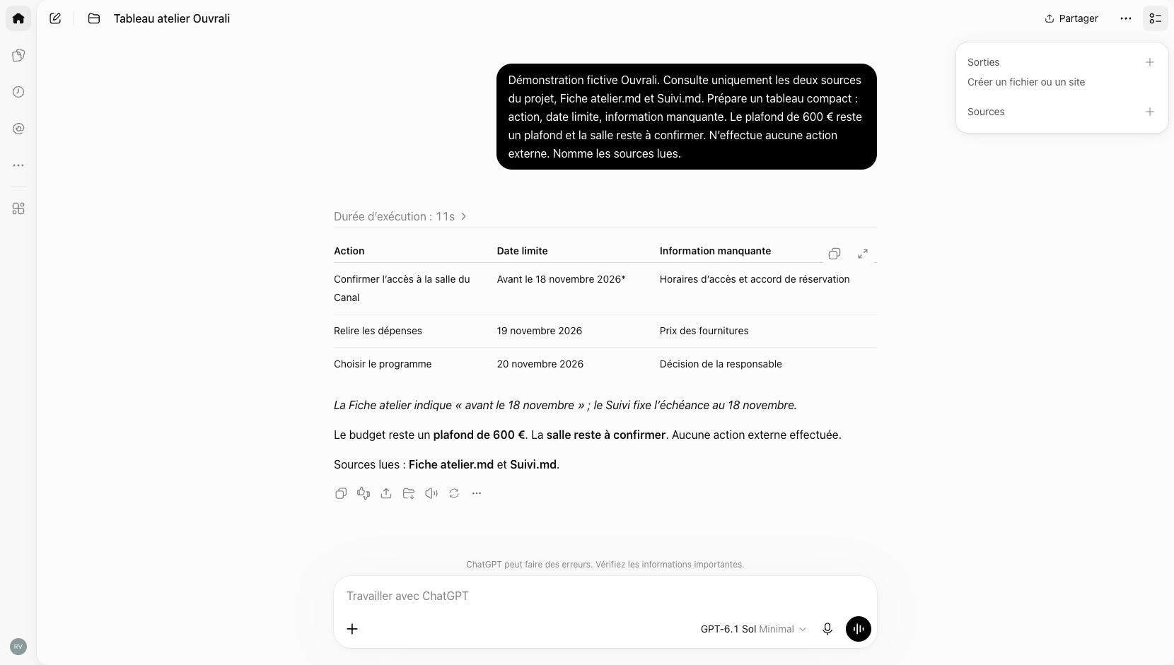Tableau des trois actions obtenu à partir des sources du projet