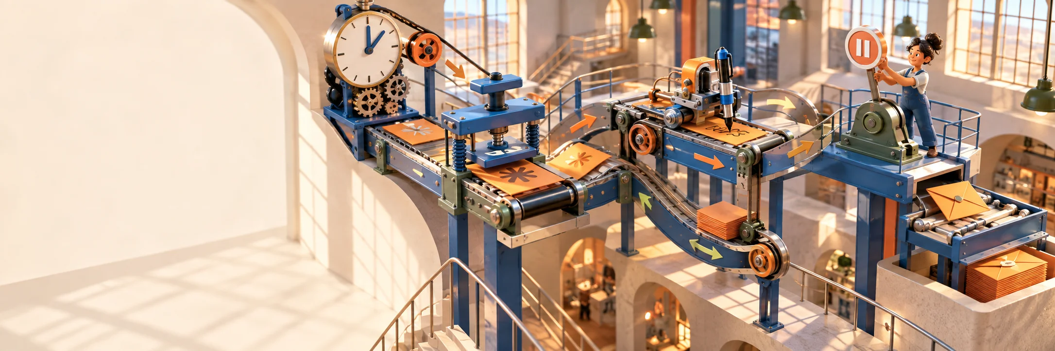 Une horloge lance une chaîne de préparation d’invitations, avec des stations successives et un arrêt pour relecture. Illustration.