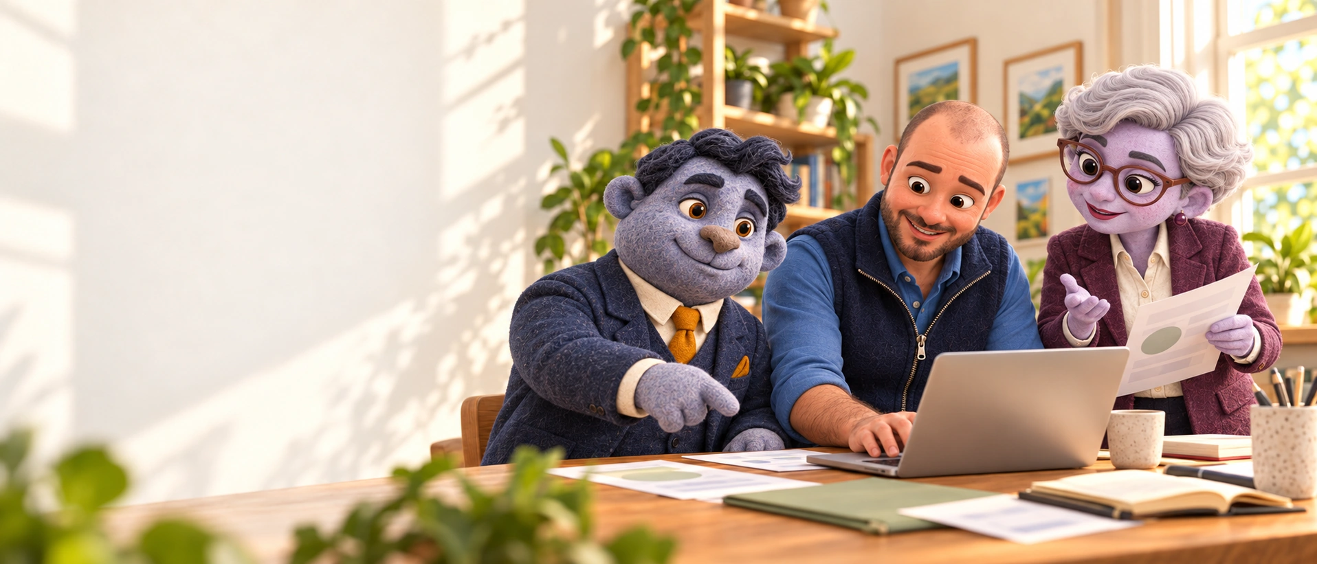 Rémy échange avec Hugo et Iris autour d’un document de travail et d’un ordinateur