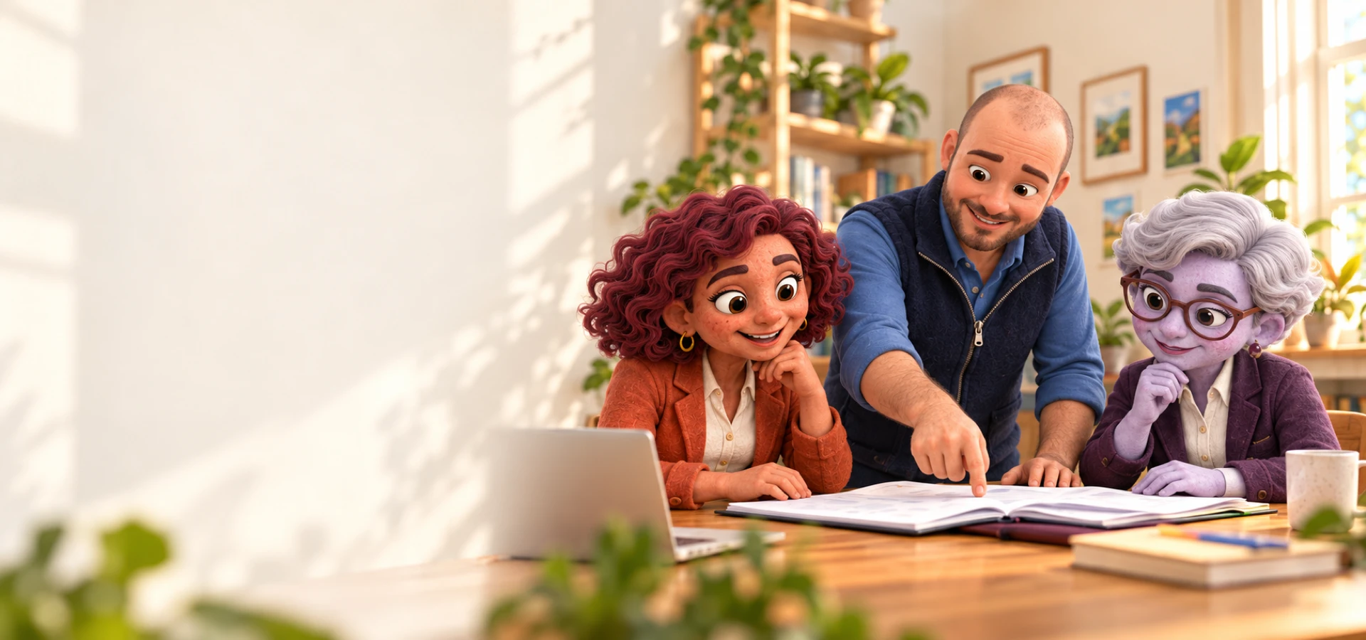 Rémy accompagne Nora et Iris autour d’un document de travail, dans l’atelier Ouvrali