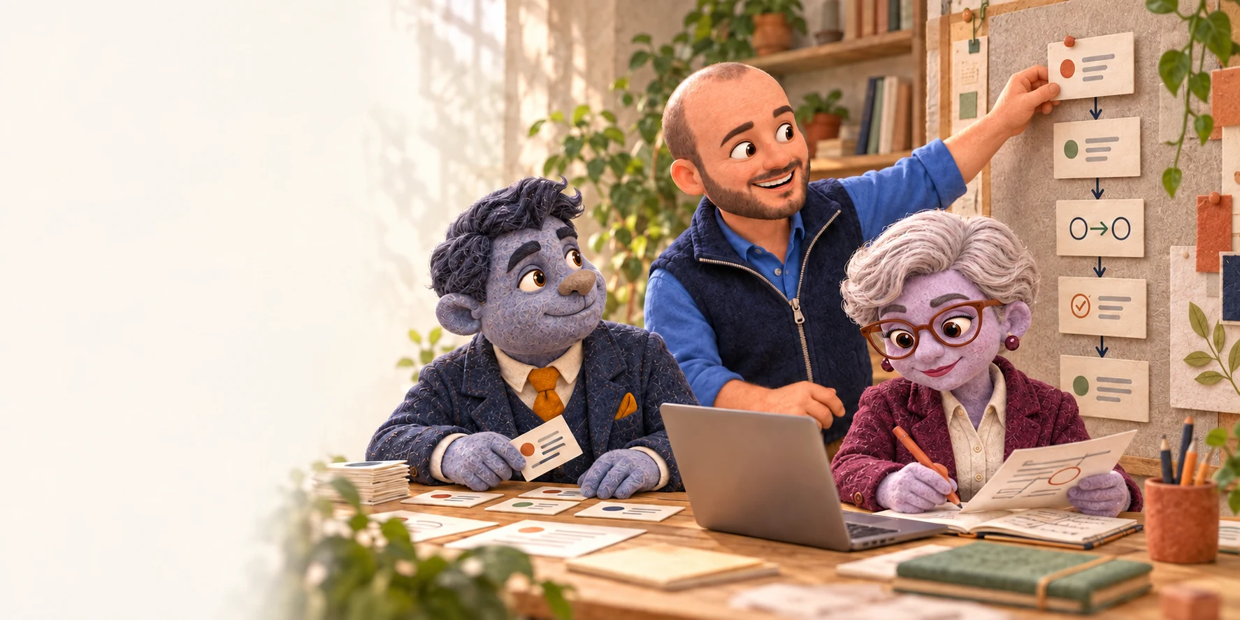 Rémy construit le parcours de travail avec Hugo, qui organise les rôles, et Iris, qui vérifie et annote un document